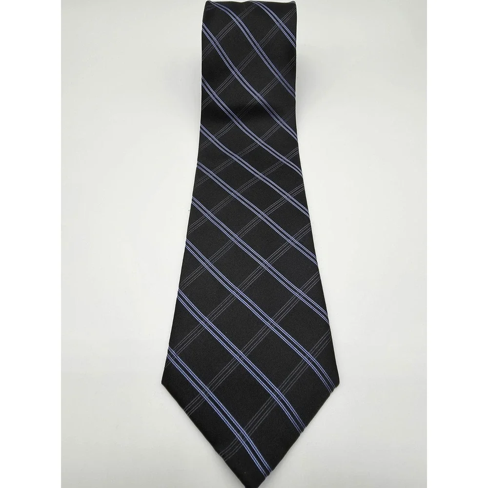 Tommy Hilfiger 100% Silk Necktie Light Blue Black Plaid Long Tie 64